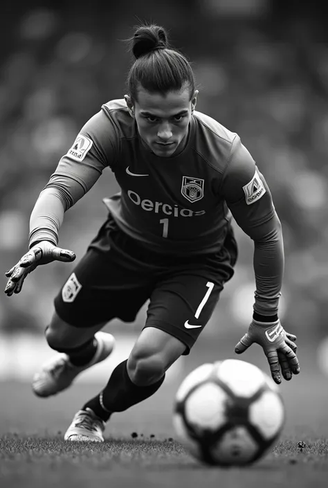 Black and white image of a soccer goalkeeper with his back with little hair with the number 1 number one with the name of Canales catching a soccer ball on the ground with his hand stretched out 