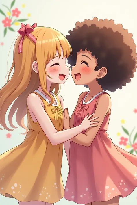  A smooth-haired girl .And a hair . half afro laughing together anime style