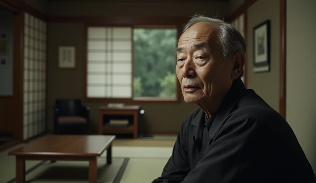 60-year-old Japanese man, lifeless expression, positioned at the right edge, background of a small, dimly lit traditional Japanese living room, tatami mats, low wooden table, sliding shoji doors slightly open, soft, muted lighting, atmosphere of monotony a...