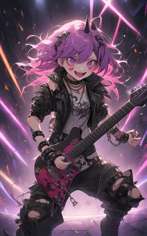 "パンクロックバンドのリーダー
Prompt:
A rebellious punk rock vocalist performing at an underground club. She wears a torn leather jacket, ripped jeans, and heavy combat boots, accessorized with chains and spiked bracelets. Her electric guitar is covered with graffiti-st...