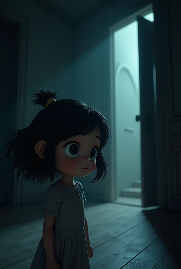 Generate in cinematic 3d cartoon style 
A dimly lit room with a door and faint knocking sounds, as the girl wakes up hesitantly