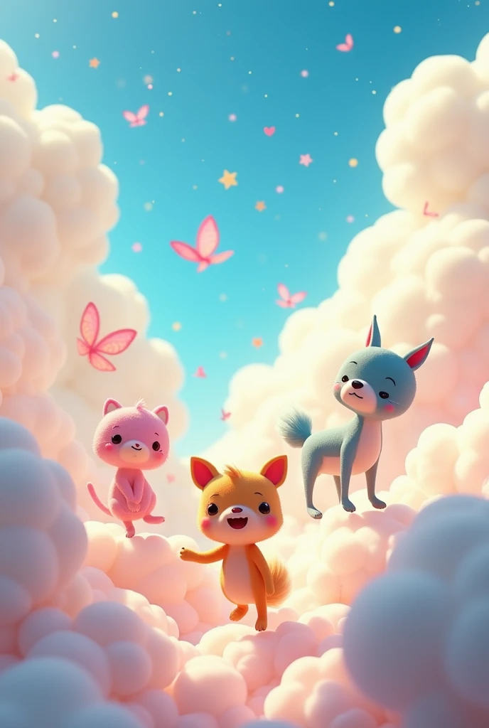 A magical realistic cartoon animation with a cloud background