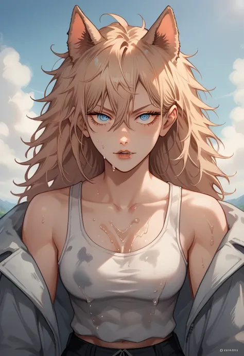 score_9, score_8_up, score_7_up, source_anime, 1woman, A woman, a werewolf woman, light blonde messy long mane, blue eyes, light skin, blue eyes, buff frame, strong, messy clothes, white tank top, baggy pants, tomboy, jacket, wolf ears, nighttime, Oil pain...