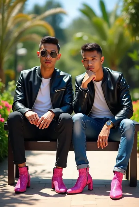  full from a distance 2 asian indonesian men 27 years old short haired fast sweet macho.  wears a leather jacket,  wears white t-shirt , wearing jeans and wearing high heels pink bling bling .  full from afar sitting on a bench holding chin in the middle o...