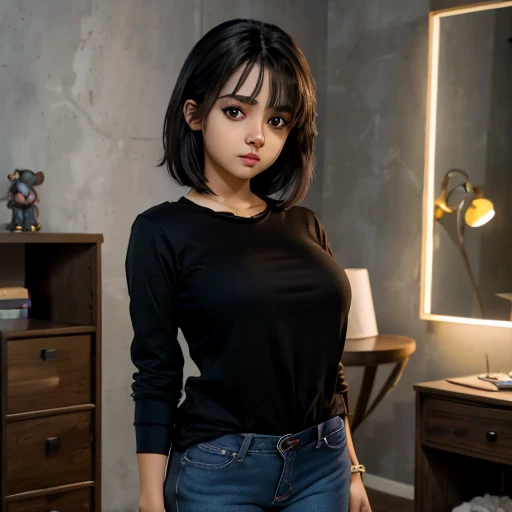 Dark nightmarish movie style, a petite cute shy innocent skinny with monstously huge fat size breasts Mexican nerdy emo teen, short volumetric hair, beautiful detailed brown eyes, cutely detailed lips, super cute highly detailed eyes and face, round shape ...