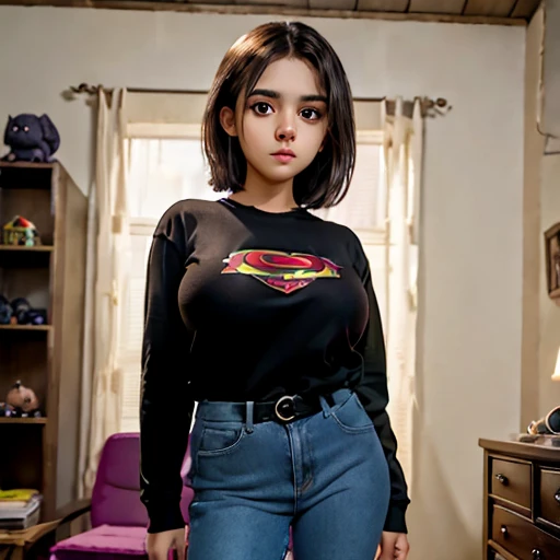 Dark nightmarish movie style, a petite cute shy innocent skinny with monstously huge fat size breasts Mexican nerdy emo teen, short volumetric hair, beautiful detailed brown eyes, cutely detailed lips, super cute highly detailed eyes and face, round shape ...