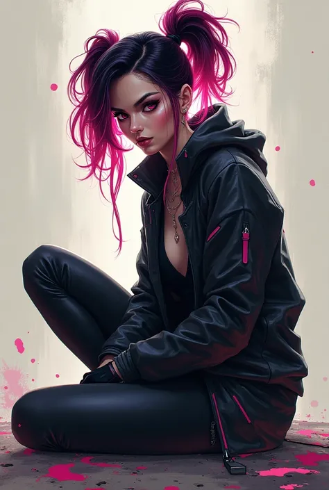 a woman with black and pink hair sitting on the ground, League of Legends jinx, side profile illustration, postcyberpunk, jinx face, computer art, blade and soul, color inkblots, arcane jinx portrait, assassin female