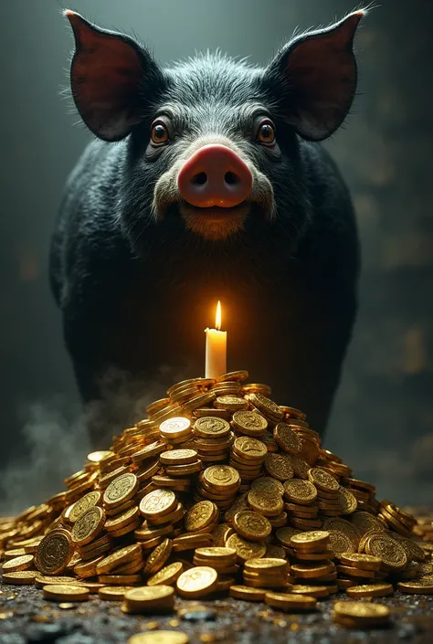 A huge black pig stands on a pile of money and gold creepy pig face there is a lit candle in between