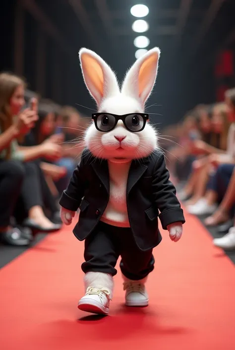 A cute little white bunny with fluffy fur and wide eyes walks gracefully on a fashion show runway like a professional model, displaying human characteristics. The little bunny is wearing a fashionable black jacket, sunglasses, business casual attire and wh...