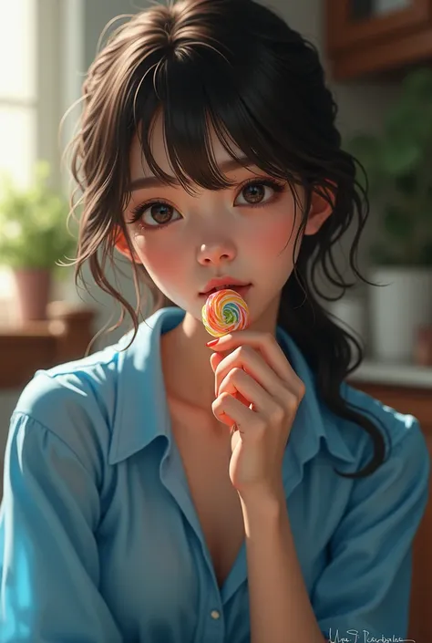 Woman sitting eating candy wearing blue shirt with big eyes