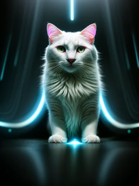 A close-up portrait of a white cat in a parallel universe, hyper detailed, cinematic, dramatic lighting, intricate sci-fi environment, neon lights, floating islands, alien architecture, glowing crystals, volumetric fog, futuristic, highly detailed, photore...