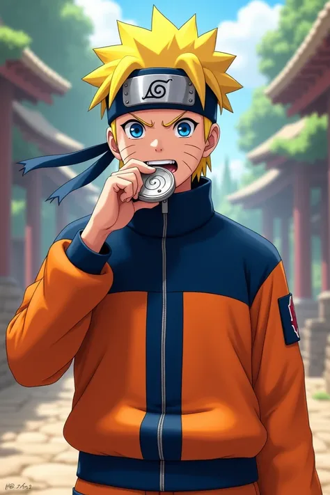  Wearing Narutos clothing chewing on a medal 
