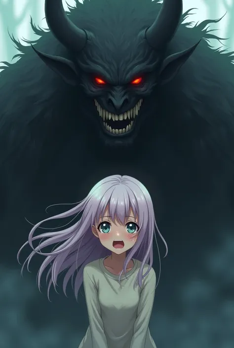 I want a picture of Niseko crying and the devil behind her laughing anime 