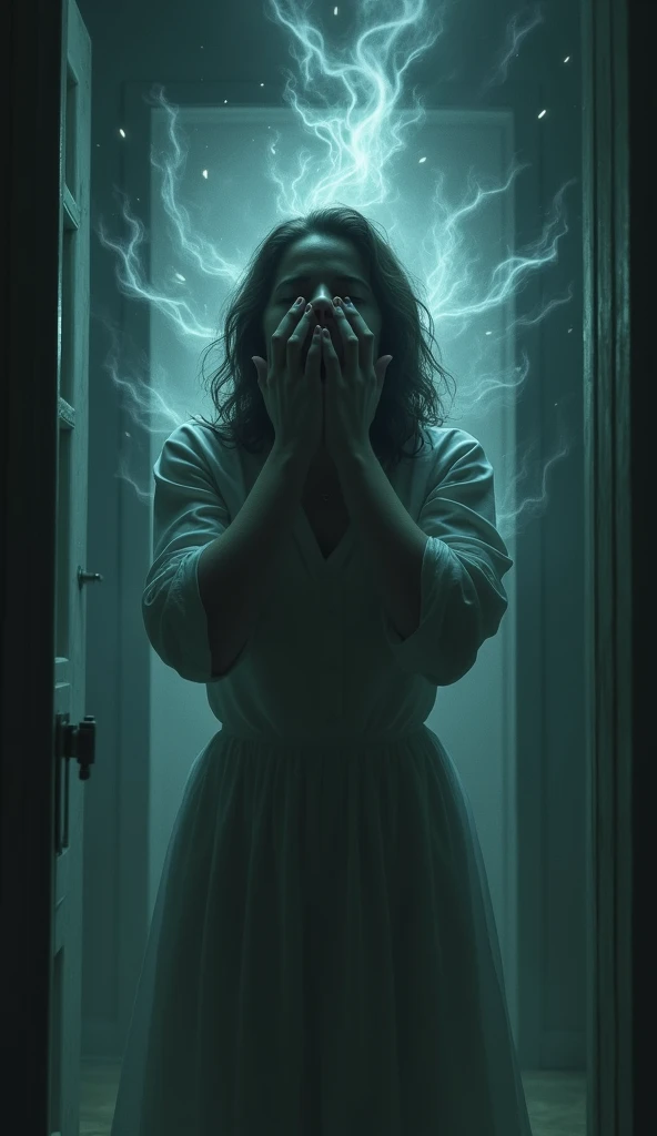 A woman clutching her ears in a dim room as ghostly whispers echo around her.