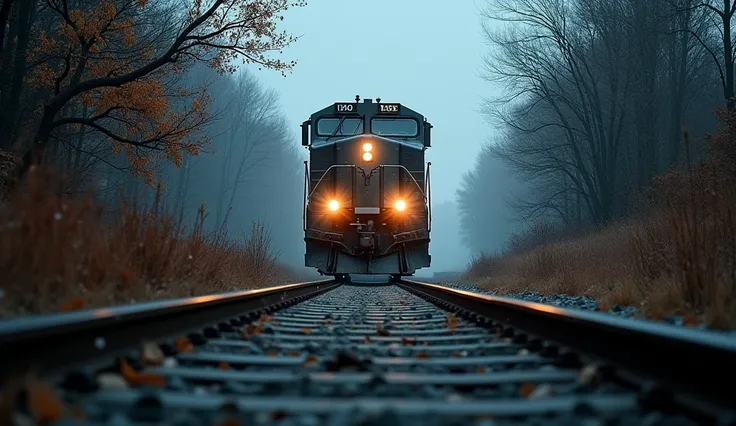 This image is shot from a low angle, looking up, from the lower left corner of a train moving on a track, approaching from a distance, with its headlights on and moving toward the front of the frame. The composition uses a natural frame, with the drooping ...