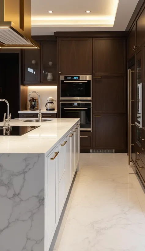  Gourmet Kitchen
Style and Practicality :  Open kitchen with a central island covered in white quartz stone and gold details .
 High-Tech Appliances :  Gaggenau brand equipment , including oven ,  air-conditioned wine cellar and built-in refrigerator .
cof...