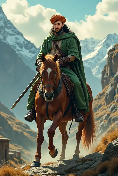 A man wearing green clothes and a green turban, riding a horse and holding a sword in his hand, looking at the settlement amidst the mountains.look like Hollywood movie.