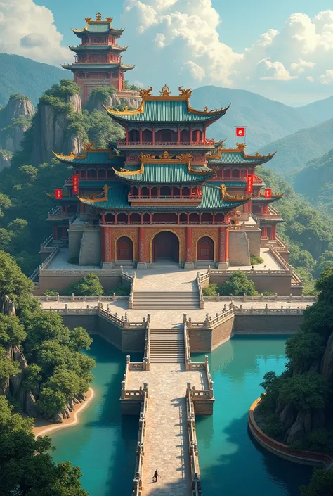 Chineses imperial administrative base, close to a River, Majestic, flags With four finger dragon, Majestic, pratical, fantasy, detailed, masterpiece