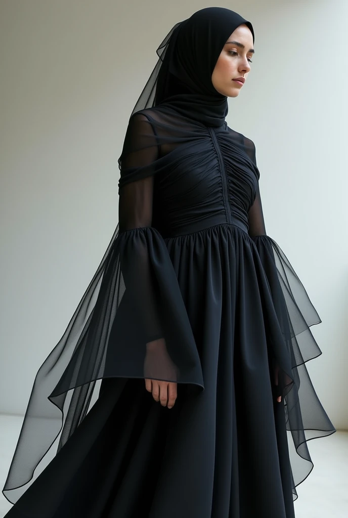 The nylon mesh and silk organza work together to create a bold yet elegant appearance. Fishtail pleats on the hijab provide volume and movement, making the look dramatic, sensual, and eye-catching.