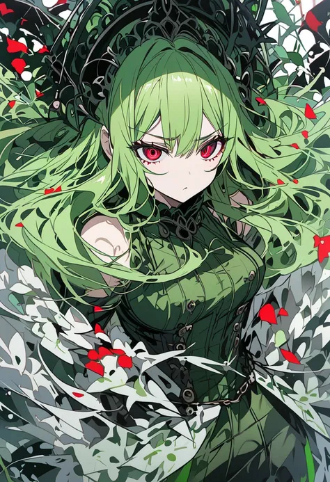 A green-haired woman、 is crazy 、 red eyes、 long hair、