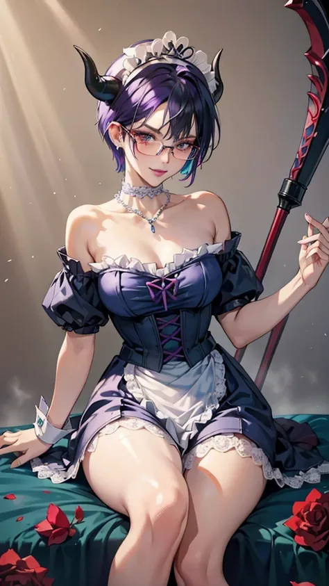 8k, masterpiece, best quality, highly detailed, 1 girl, devil, demon horns, warlock, pixie cut, white hair, multicolored hair, very short straight hair, red highlight hair on white hair, stippled hair, wearing glasses, round glasses, earrings, red eyeshado...