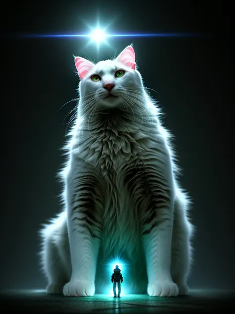 A close-up portrait of a white cat in a parallel universe, hyper detailed, cinematic, dramatic lighting, intricate sci-fi environment, neon lights, floating islands, alien architecture, glowing crystals, volumetric fog, futuristic, highly detailed, photore...