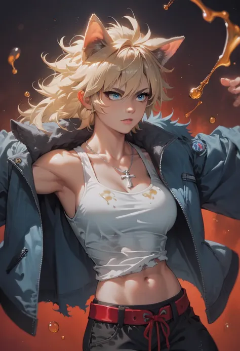 score_9, score_8_up, score_7_up, source_anime, 1woman, A woman, a werewolf woman, light blonde messy long mane, blue eyes, light skin, blue eyes, buff frame, strong, messy clothes, white tank top, baggy pants, tomboy, jacket, wolf ears, night time, red bel...