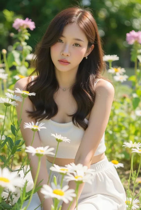 Woman in the garden wearing a white skirt, Double ended corkscrew hair tie 