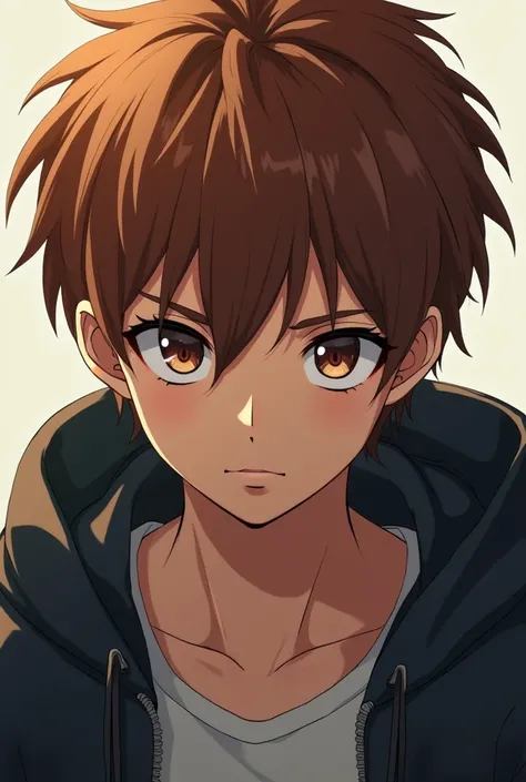  Teenager , challenging look, Cabello castaño, man, anime,  hazel eyes 