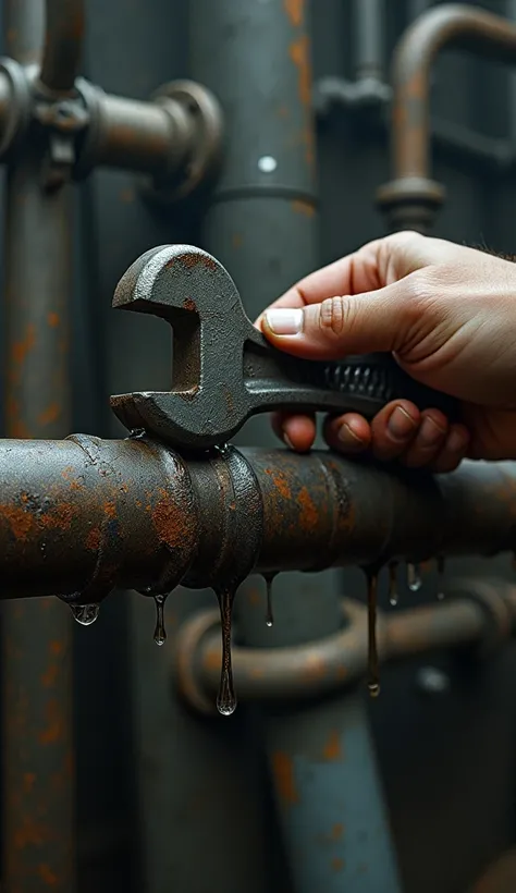 "Close-up of a wrench being used on a rusted pipe, with oil dripping slowly in the background."