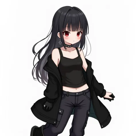 Girl, black hair, bangs and a few strands of white, the lower part is loose and hangs over the shoulders to the waist, blood red eyes, on the left hand a black glove to the wrist without fingers, and on the right hand a black glove without fingers to the e...