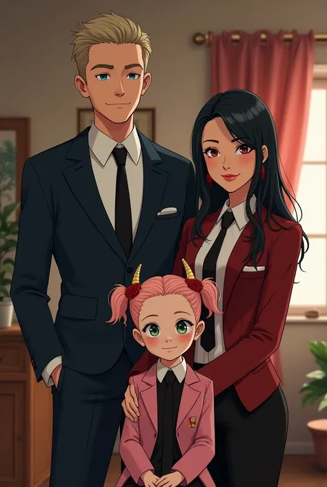 Create a family picture of this family including there members 

1. Loid Forger (Twilight)

Appearance:

Handsome, tall, and athletic with a sharp, clean-cut look.

Has short, neatly combed blond hair and piercing blue eyes that reflect his intelligence an...