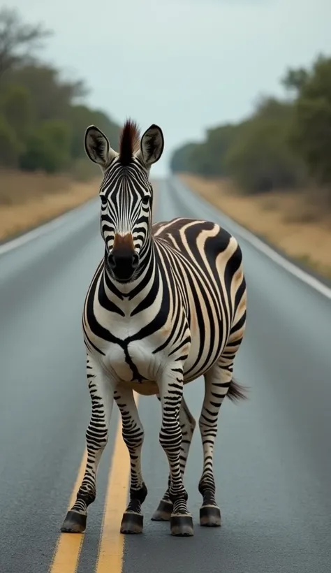 A pregnant zebra with a visibly large, swollen belly is standing in the middle of the road, clearly in distress. The zebra appears unable to move, struggling with pain, while the empty road  in sleep stretches behind her.






