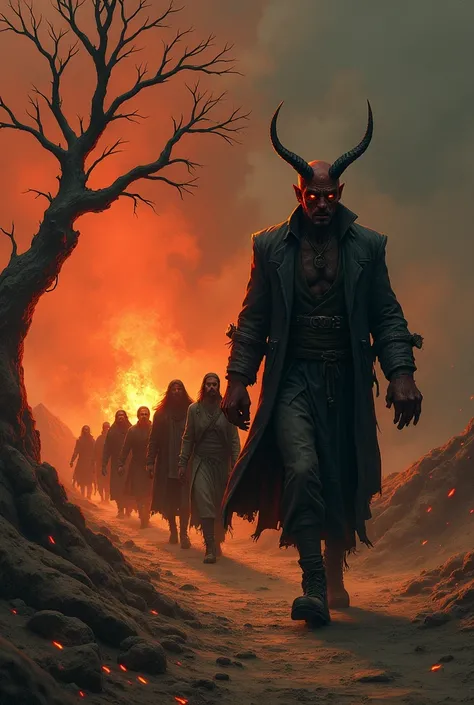 A picture of an angry and sad devil leading a group of people behind him fire, volcano, lava and a large dry tree without leaves 