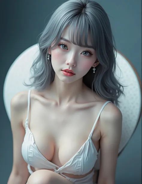 (8k,  Photorealistic , Original photo,  top quality : 1.4), Japanese idol style beauty ,1, model,1 person,( short bob),( Silver Hair), She has her hair behind her ears, Light Grey Eyes ,length eyelashes,(Earrings( small)),( lip gloss),lips( plump, shiny), ...