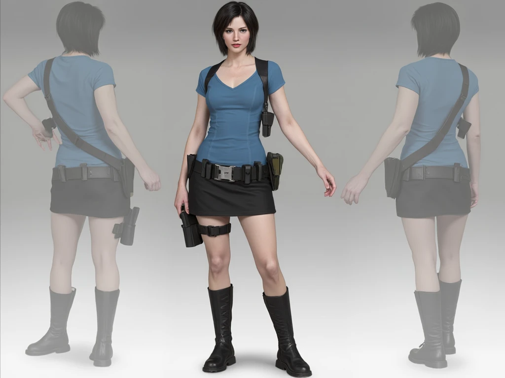 Jill Valentine Resident Evil Apocalypse wearing black boots, black hair, skirt, blue top, "character design", "concept art", "front, back, and side view", empty background.