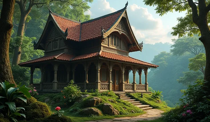 an old house on the edge of the forest, realistic, photography,  Indonesian style  