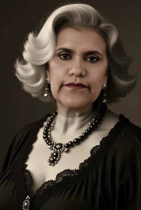  Based on a completely correct anatomy ,  Realistic skin texture ,  Germany at the time of the Weimar Republic,  portrait of a mature woman ,  decadent and beautiful ,  wavy hair with a retro blonde sheen , rich makeup ,  painted in monochrome sepia tones ...