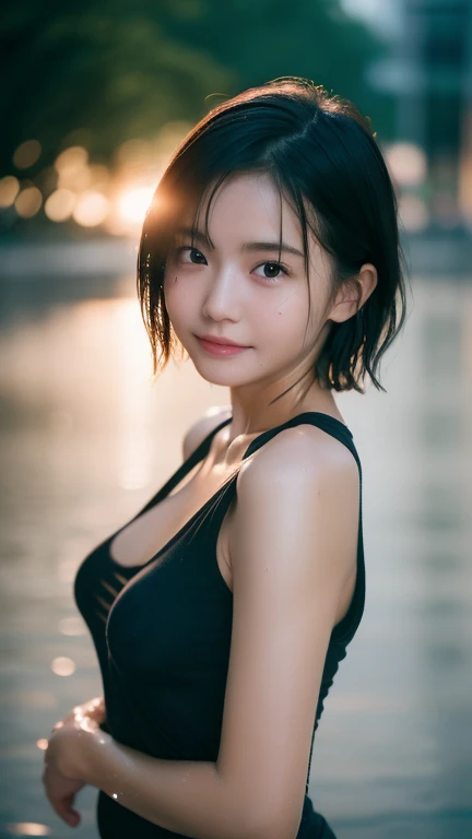 Shooting with Leica, analog, 35mm、 (Artistic light leakage:1.4), Lens flare:1.4、Style Row、4K、8k、girl wearing a very small black tank top,　((wetshirt:1.2))、 downpour rain、Beach at night、 a girl with a cute face like a Japanese idol, {{ early teens:1.2}}、no ...