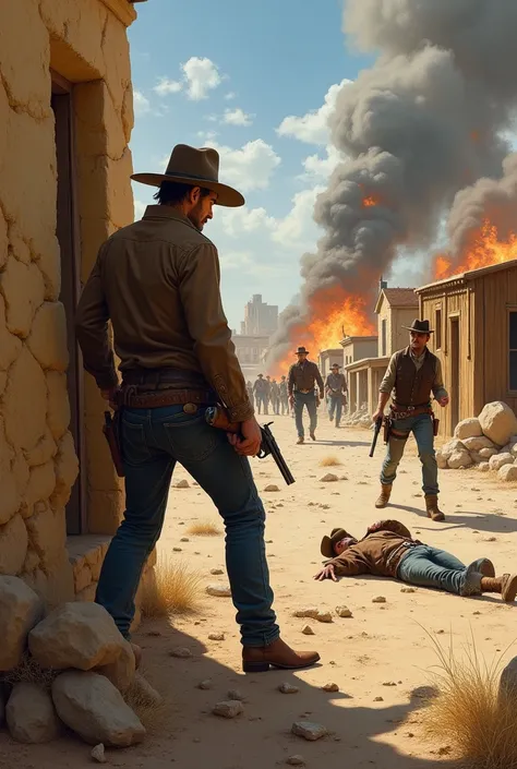 Cowboy shooting behind the wall, illustration painting, shooting, Dead civilians in the ground, Lawmans shooting, fire in houses, painting, romanticism 