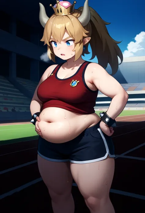 Bowsette,brown hair,blue eyes,blonde ponytail,small crown, number 8 red tanktop, black shorts, midriff, number 8, standing, sweaty, exhausted, hand on hips soccer field, science fiction, outdoors, (insanely detailed, masterpiece, best quality), sweating pr...