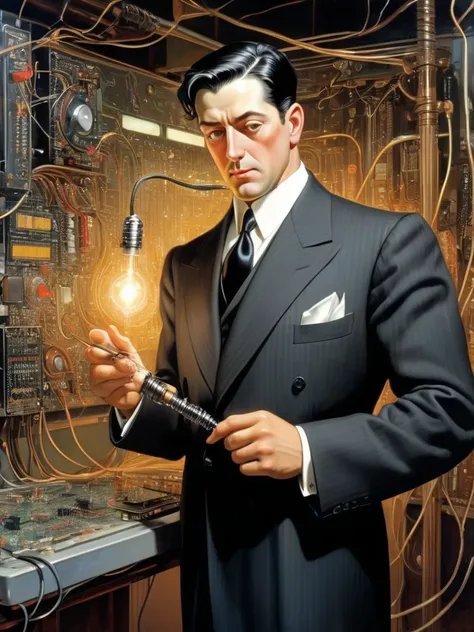 ((best quality, masterpiece)), john singer sargent anime illustration, 1man, solo, cyborg Jeeves repairing his own body, panel open with wires exposed, circuit board motif, non-human android butler, black suit with plain black necktie, young Stephen Fry po...