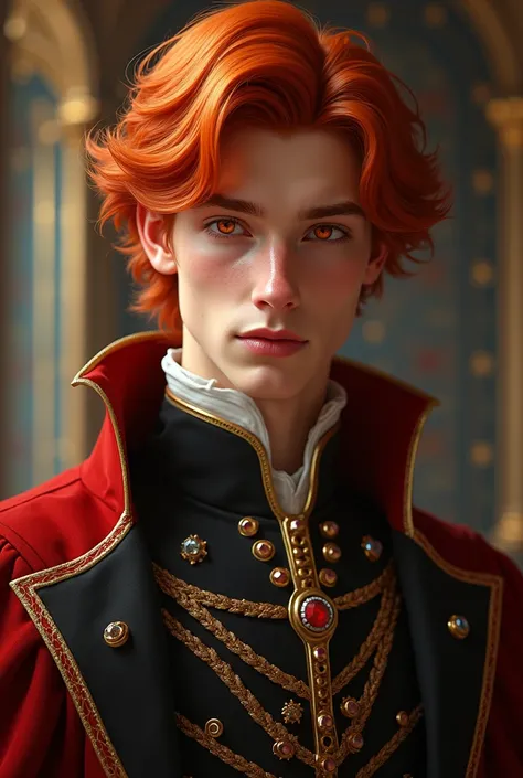 A prince in his 20s with red hair and natural red eyes 