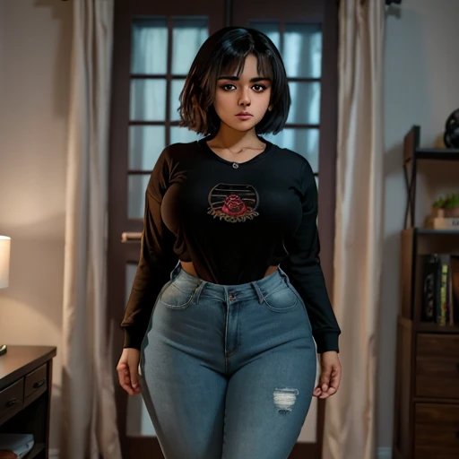 Dark nightmarish movie style, a petite cute shy innocent skinny with monstously huge fat size breasts Mexican nerdy emo teen, short volumetric hair, beautiful detailed brown eyes, cutely detailed lips, super cute highly detailed eyes and face, round shape ...