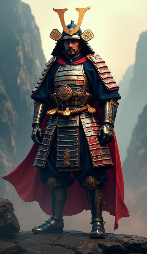 Create a hyper-realistic depiction of Minamoto no Yorimitsu wearing elaborate samurai armor. The image should portray Yorimitsu as a noble and heroic figure from Japanese history, standing tall and imposing. The armor should be intricate and richly detaile...