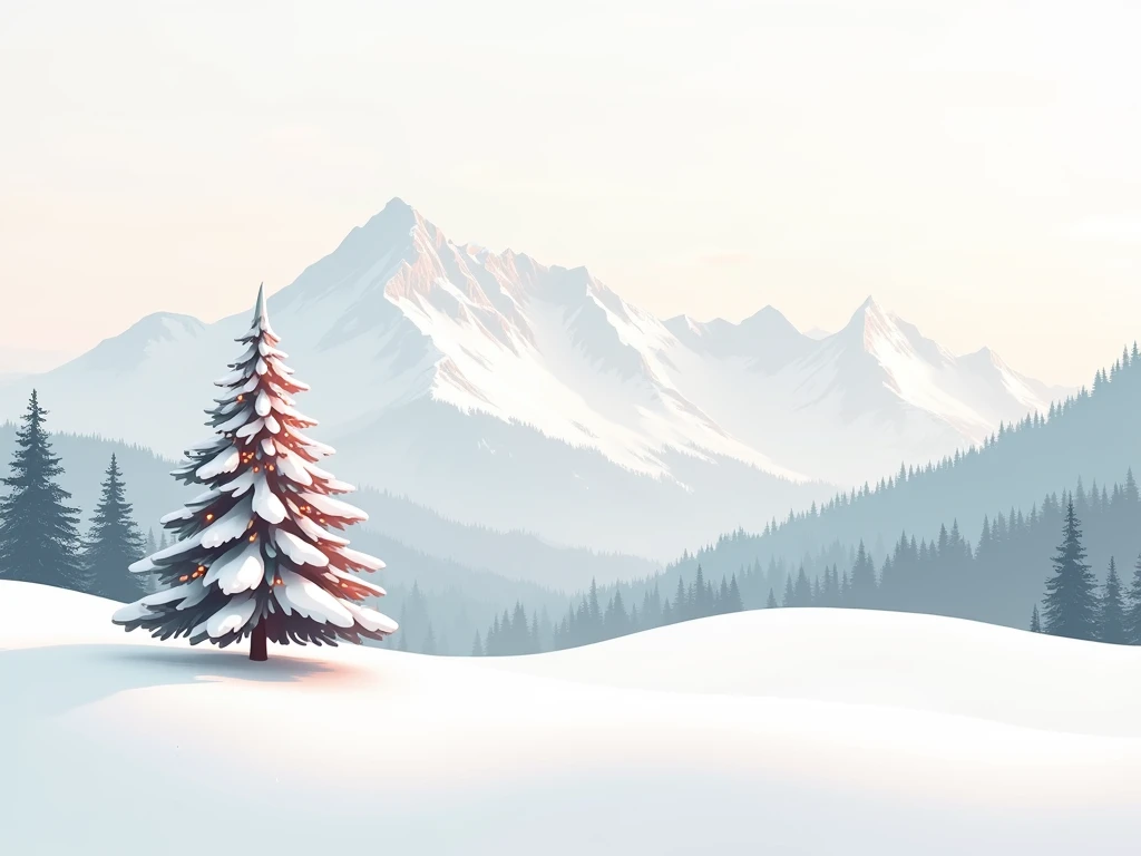  A very minimalistic Merry Christmas card a tree snowy landscape background mountain, refined and prestigious , nuance rouge et blanc