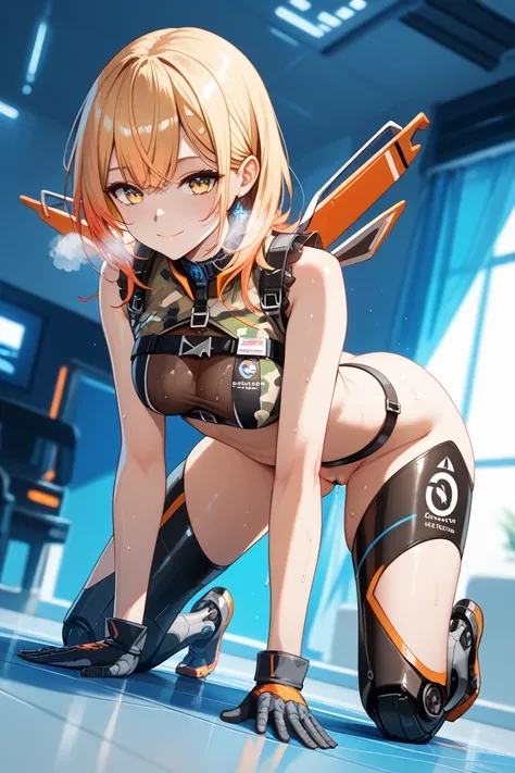 masterpiece, best quality, ultra detailed. 1girl, solo.  roboco-san (1st costume), hololive, very aesthetic, best quality, intricate, overall detail, nsfw, 1 girl, yellow eyes, camouflage jacket, sleeveless jacket, cropped jacket, chest harness, underbust,...