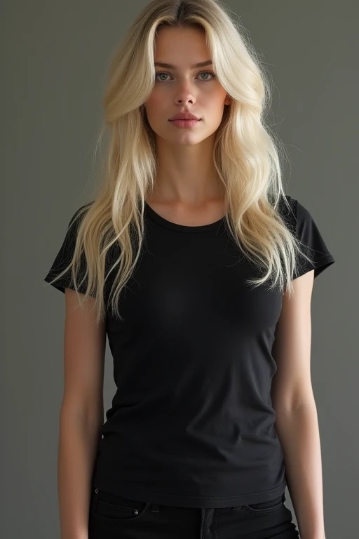 Germany girl long blonde hair wolf cut grey eyes almond shape eyes a button nose cupid bow lips shape red lips sharpe jawline slim waist fit girl with four packs long legs half black shoulder less t shirt and short black pants High Resolution, HD, Accurate...