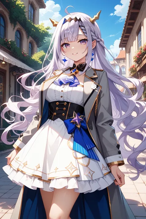 official style, game cg, azki (4th costume) (hololive), hololive, very aesthetic, best quality, intricate, overall detail, nsfw, 1 girl, long hair, purple eyes, ascot, asymmetrical clothes, grey jacket, white dress, high-low skirt, boots, standing,