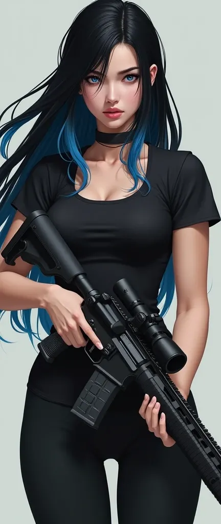 Girl with long black hair with tips painted blue with strong blue eyes with serious look in black sports top holding a rifle 